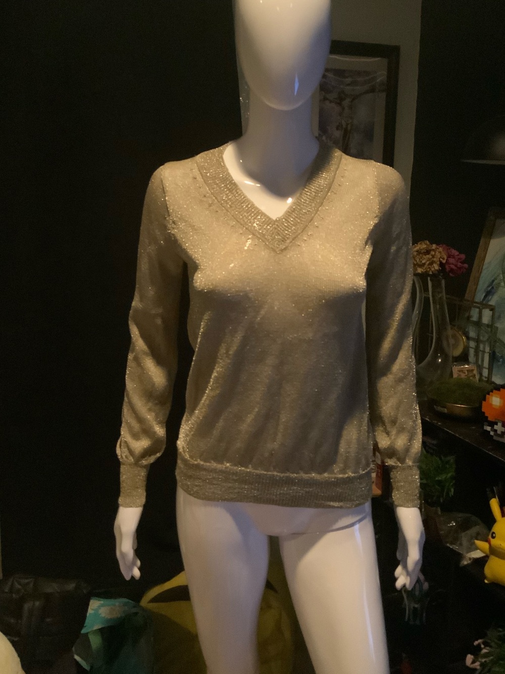 Adam et Rope Japanese Metallic Gold V-Neck Women's Sweater - Picture 2 of 7